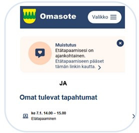 Omasote etätapaamisen ilmoitus etusivulla mobiilissa