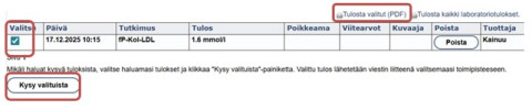 Omasote laboratoriotulokset tulostus ja kysy valituista